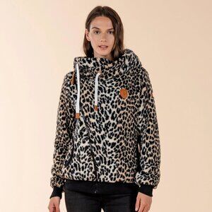 Wanakome Bliss Sherpa Leopard Print Hoodie- Cowl Neck Full Zip Hoodie- Size XS